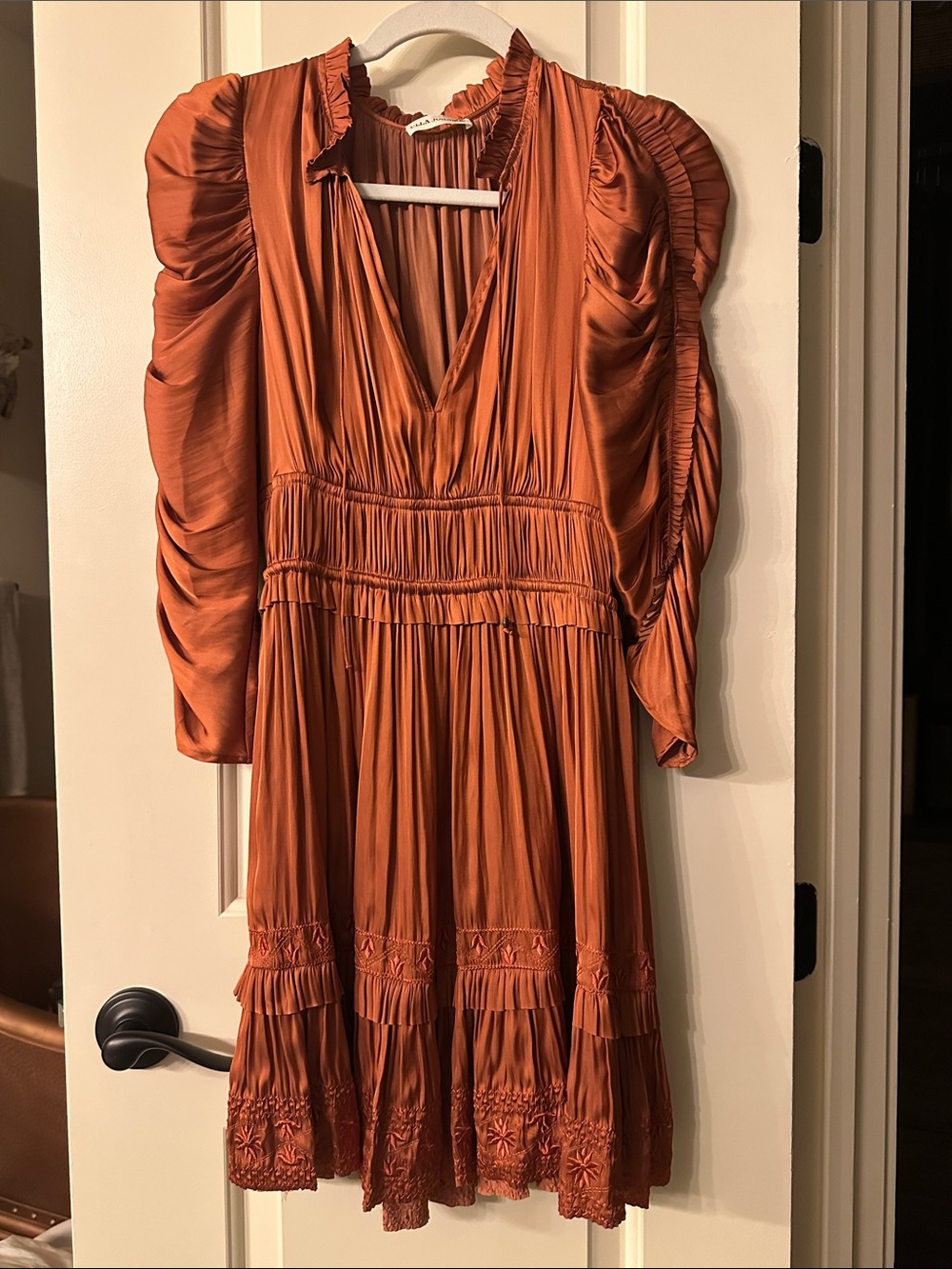 Ulla Johnson Rust Orange Pleated V-Neck Women's Dress
